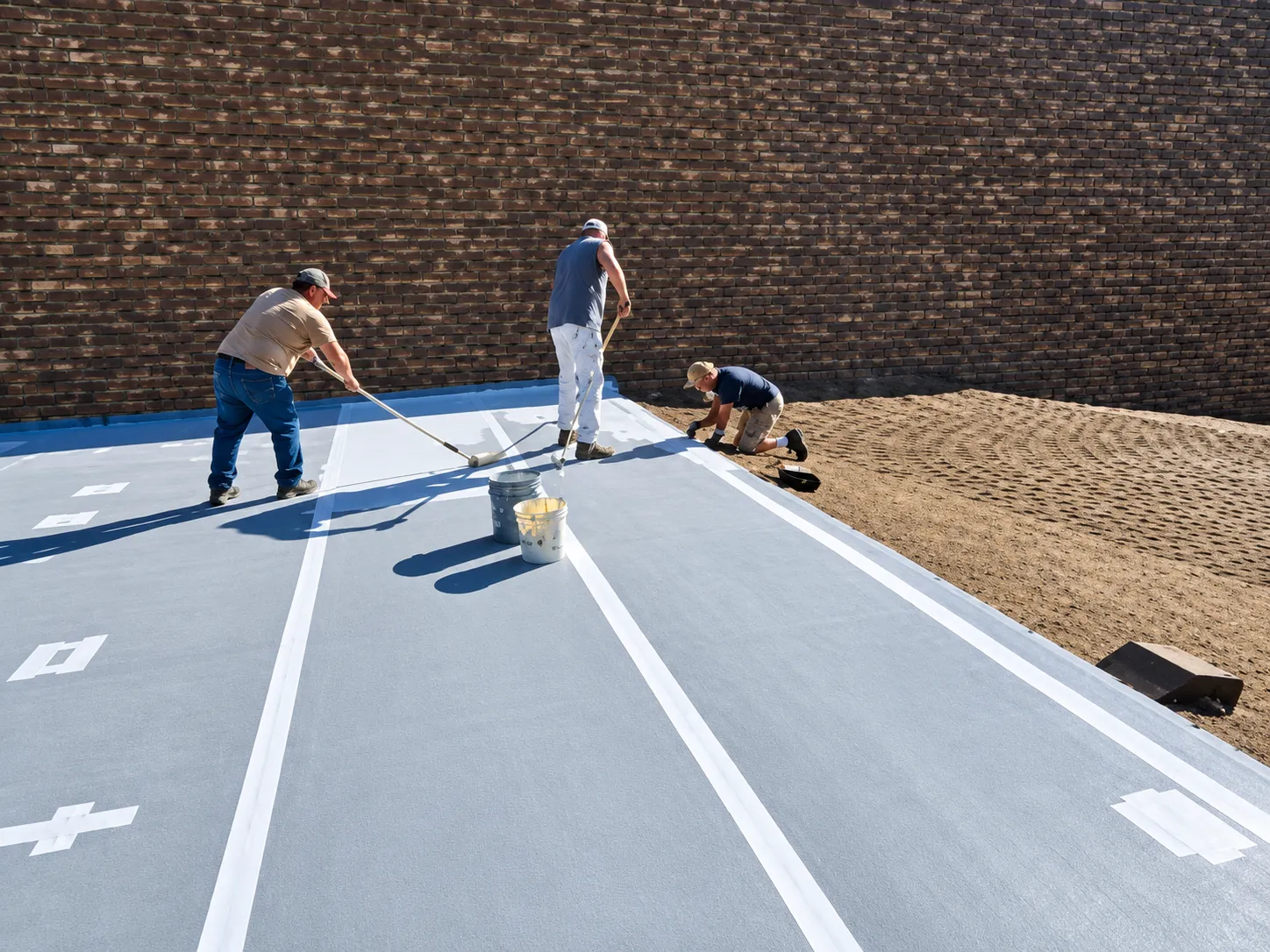 Roofers rolling EPDM coating over seam-taped roof