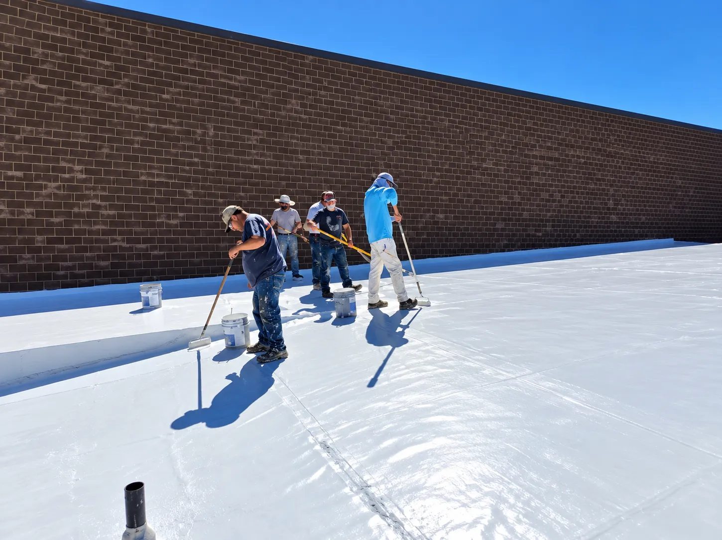 Crew applying white EPDM roof coating on a commercial roof